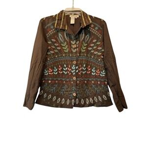 A La Carte Womens M Embroidered Floral Jacket Brown Boho Art to Wear Cotton